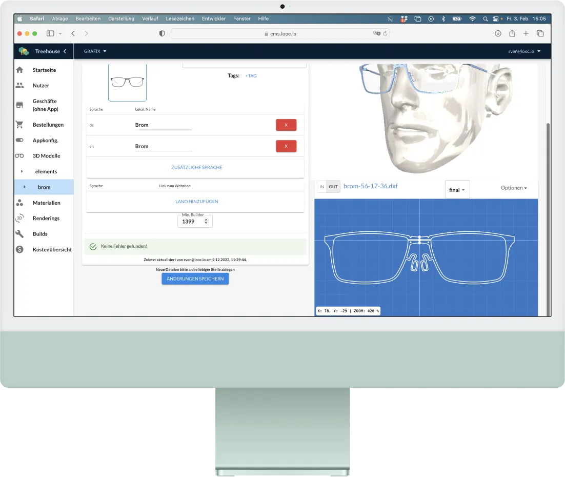 LooC CMS on an iMac with a 3D head and frame drawing