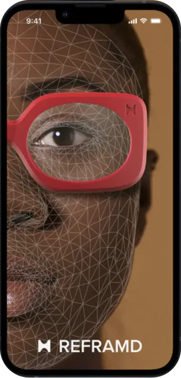 Phone app showing a 3D face mesh with glasses