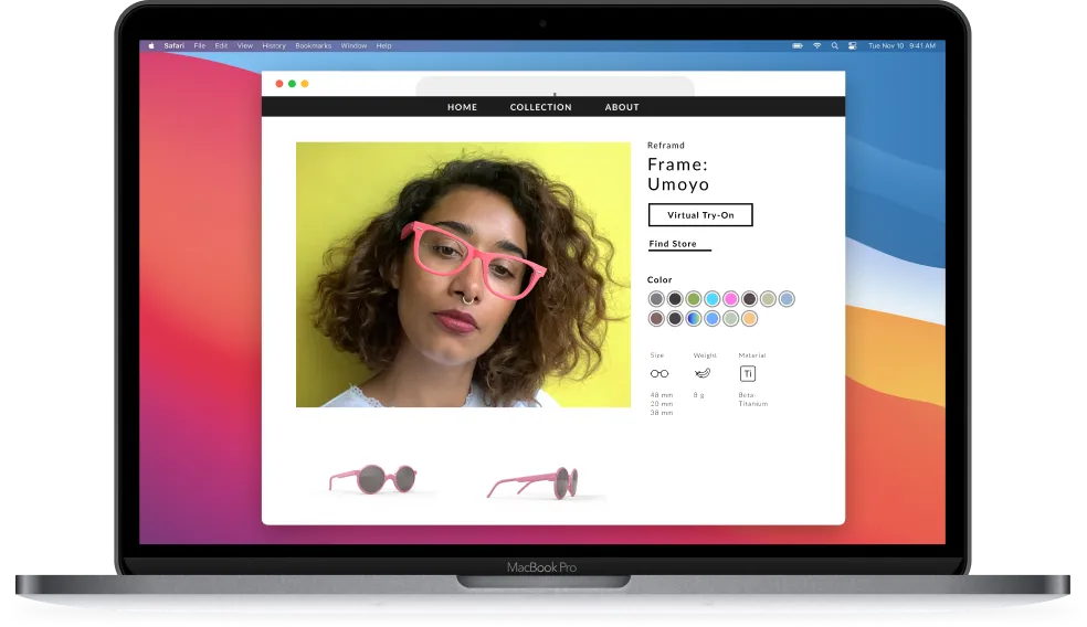 Woman trying on red glasses in a web try-on