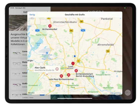 Map with optician locations on a tablet